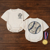 Personalized Camo Baseball Baby Romper with Nameplate, Soft Cotton Outfit for Little Fans, Sporty Game Day Apparel for Boys or Girls