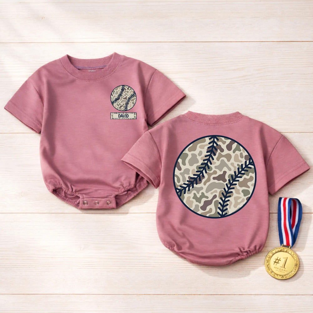 Personalized Camo Baseball Baby Romper with Nameplate, Soft Cotton Outfit for Little Fans, Sporty Game Day Apparel for Boys or Girls