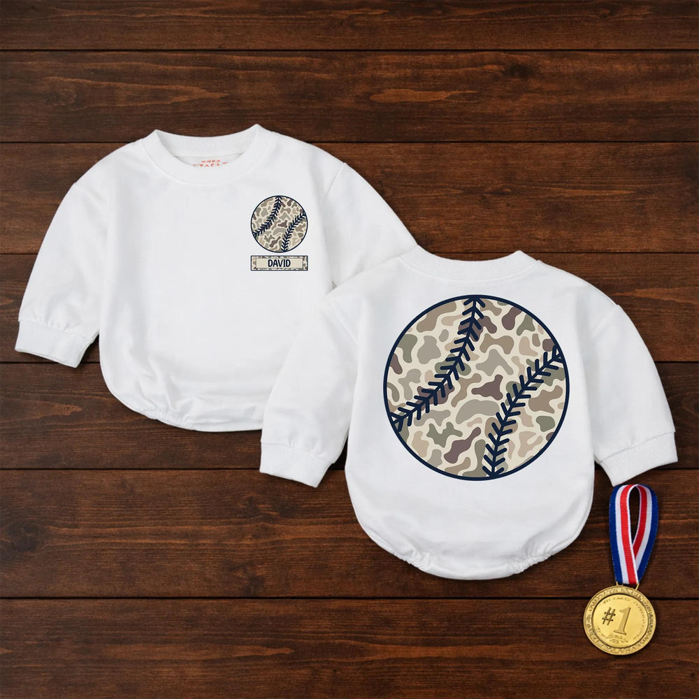 Personalized Camo Baseball Baby Romper with Nameplate, Soft Cotton Outfit for Little Fans, Sporty Game Day Apparel for Boys or Girls