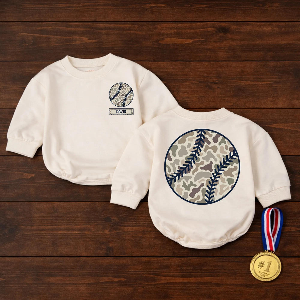 Personalized Camo Baseball Baby Romper with Nameplate, Soft Cotton Outfit for Little Fans, Sporty Game Day Apparel for Boys or Girls
