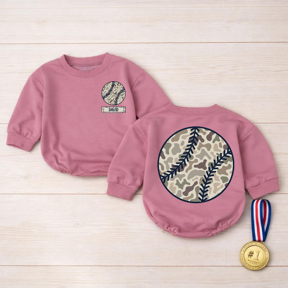 Personalized Camo Baseball Baby Romper with Nameplate, Soft Cotton Outfit for Little Fans, Sporty Game Day Apparel for Boys or Girls