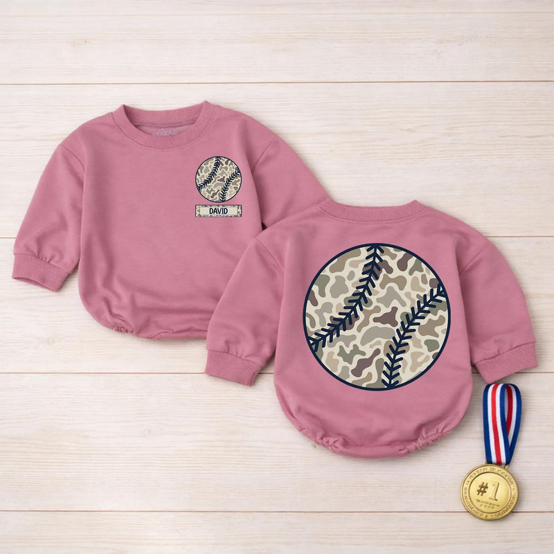 Personalized Camo Baseball Baby Romper with Nameplate, Soft Cotton Outfit for Little Fans, Sporty Game Day Apparel for Boys or Girls