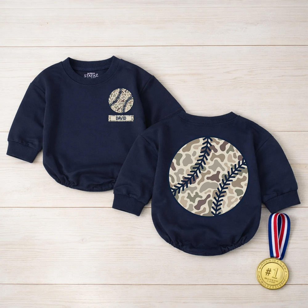 Personalized Camo Baseball Baby Romper with Nameplate, Soft Cotton Outfit for Little Fans, Sporty Game Day Apparel for Boys or Girls