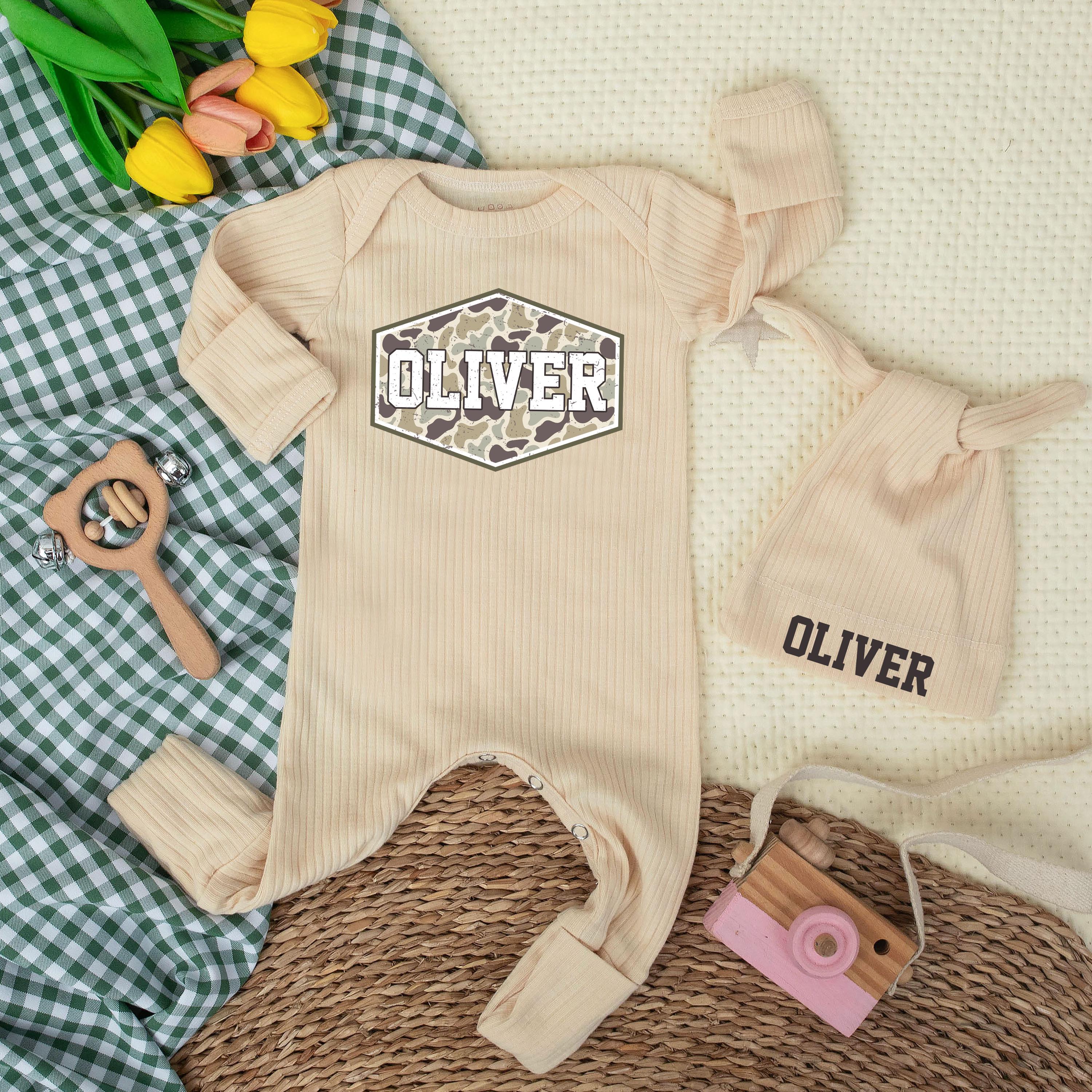Personalized Camo Name Baby Bodysuit with Rustic Hunting Design Custom Newborn Outfit Infant Coming Home Clothes Baby Shower Gift