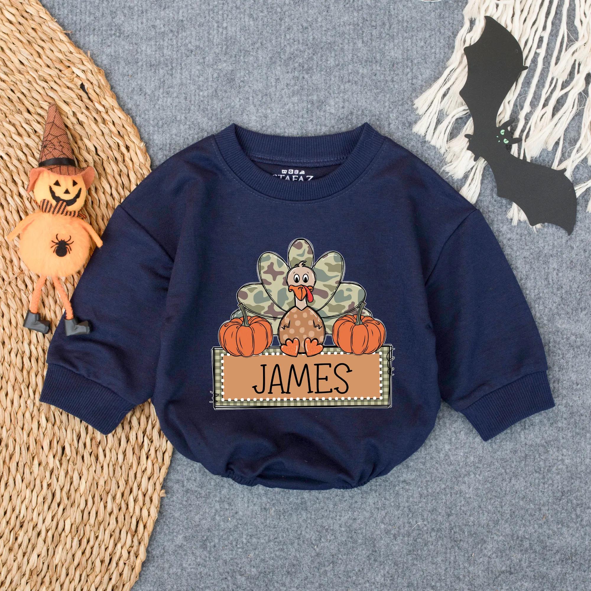 Personalized Camo Turkey Boys First Thanksgiving Romper Autumn Infant Outfit Festive Toddler Costume with Pumpkins Custom Name Gift