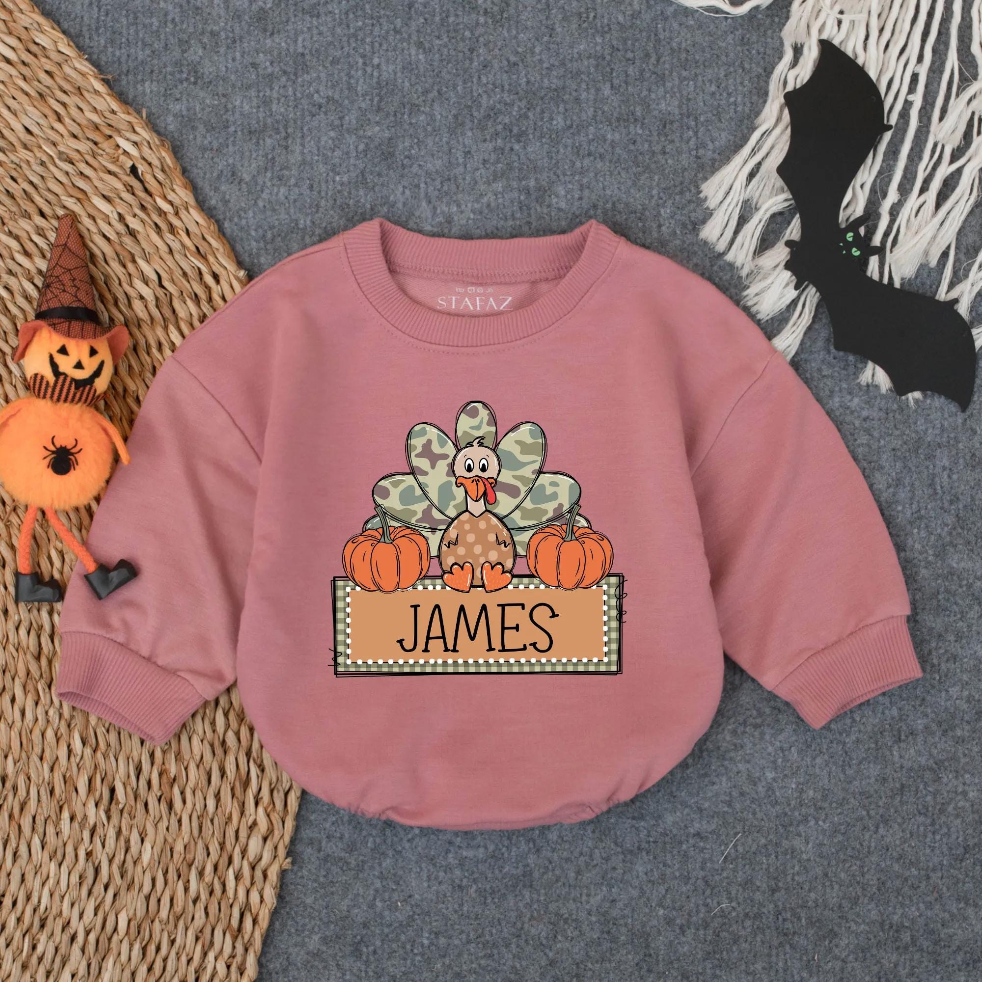 Personalized Camo Turkey Boys First Thanksgiving Romper Autumn Infant Outfit Festive Toddler Costume with Pumpkins Custom Name Gift