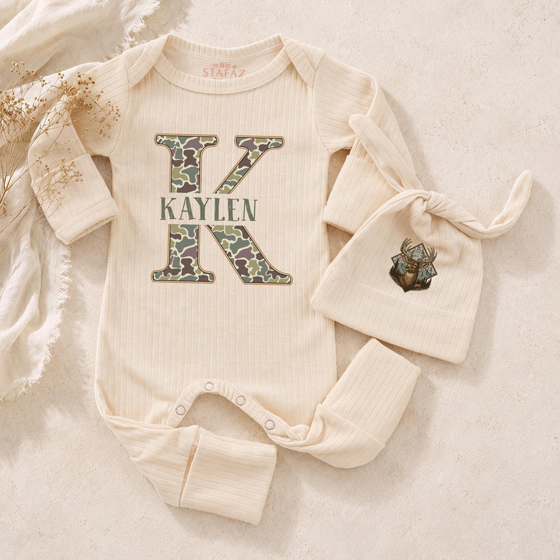 Personalized Camouflage Baby Outfit with Deer Hat Custom Name Newborn Hunting Set Rustic Woodland Infant Gift for Baby Shower or Holidays