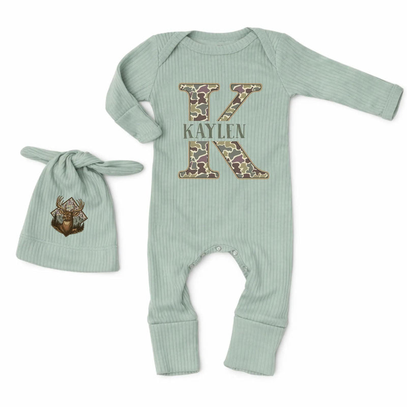 Personalized Camouflage Baby Outfit with Deer Hat Custom Name Newborn Hunting Set Rustic Woodland Infant Gift for Baby Shower or Holidays