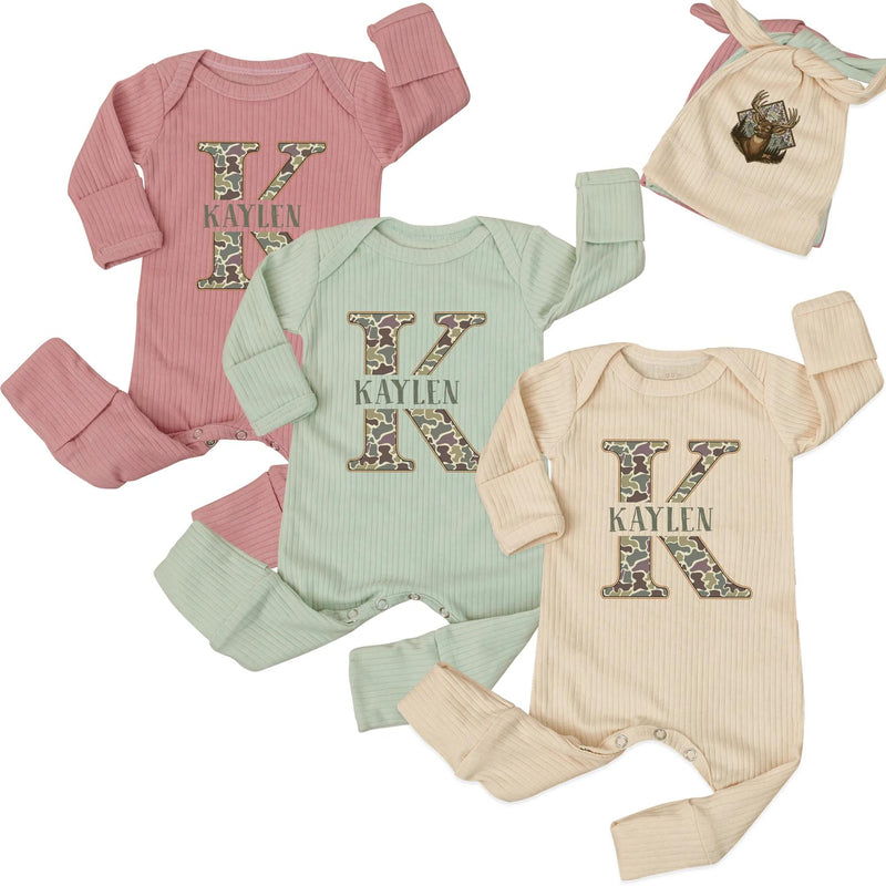 Personalized Camouflage Baby Outfit with Deer Hat Custom Name Newborn Hunting Set Rustic Woodland Infant Gift for Baby Shower or Holidays