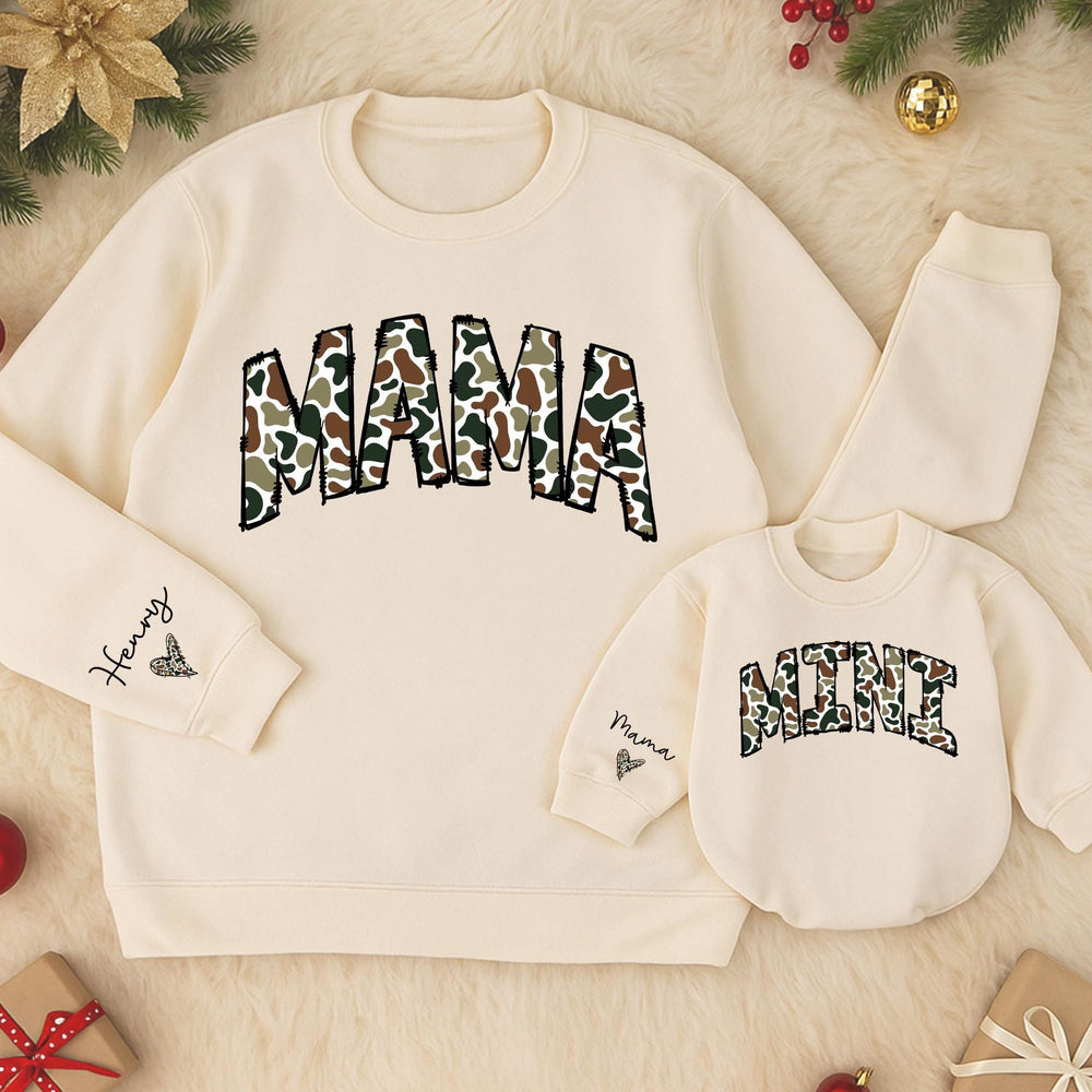 Personalized Camouflage Mama and Mini Matching Sweatshirts with Custom Names Varsity Font Baby Girl Romper Gifts for Mom and Daughter