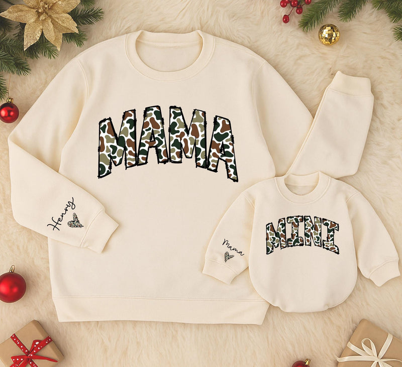Personalized Camouflage Mama and Mini Matching Sweatshirts with Custom Names Varsity Font Baby Girl Romper Gifts for Mom and Daughter