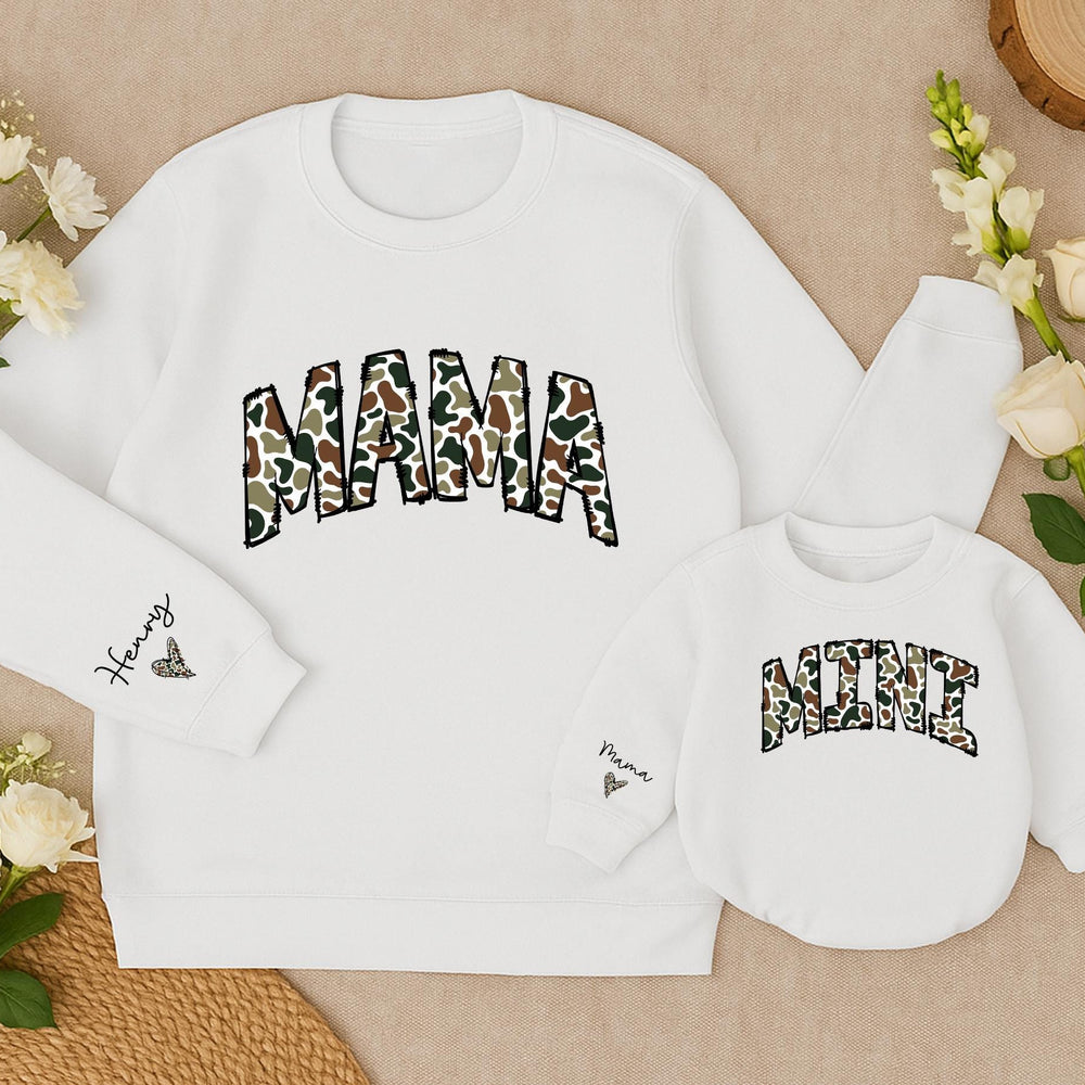 Personalized Camouflage Mama and Mini Matching Sweatshirts with Custom Names Varsity Font Baby Girl Romper Gifts for Mom and Daughter