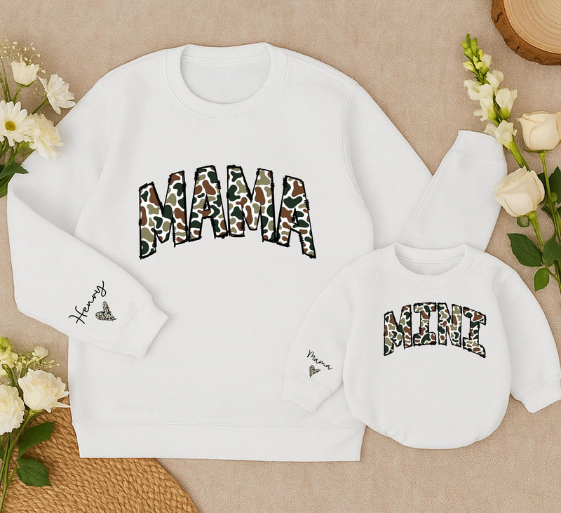 Personalized Camouflage Mama and Mini Matching Sweatshirts with Custom Names Varsity Font Baby Girl Romper Gifts for Mom and Daughter