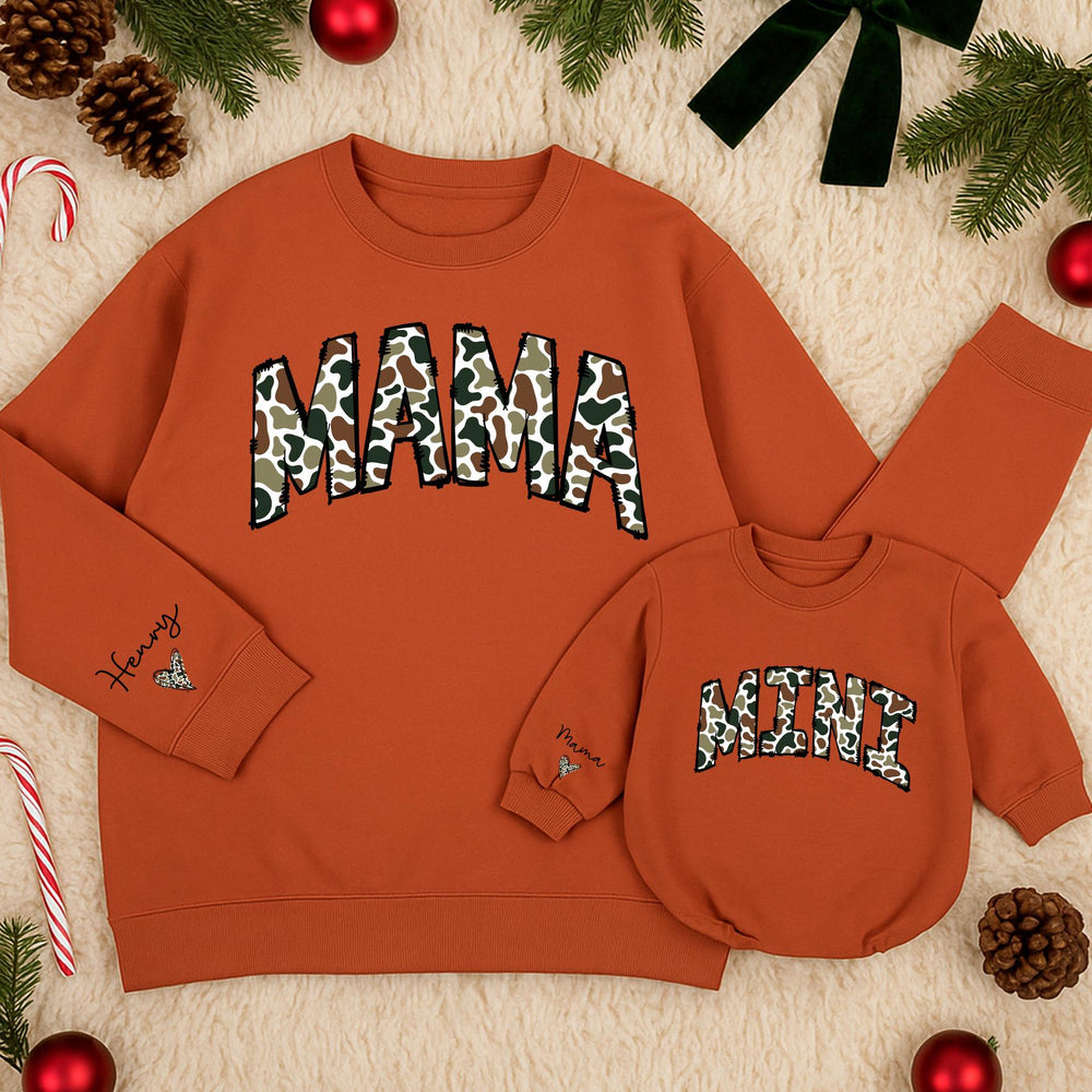 Personalized Camouflage Mama and Mini Matching Sweatshirts with Custom Names Varsity Font Baby Girl Romper Gifts for Mom and Daughter