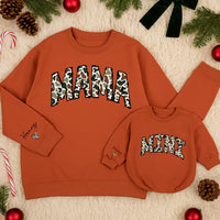 Personalized Camouflage Mama and Mini Matching Sweatshirts with Custom Names Varsity Font Baby Girl Romper Gifts for Mom and Daughter