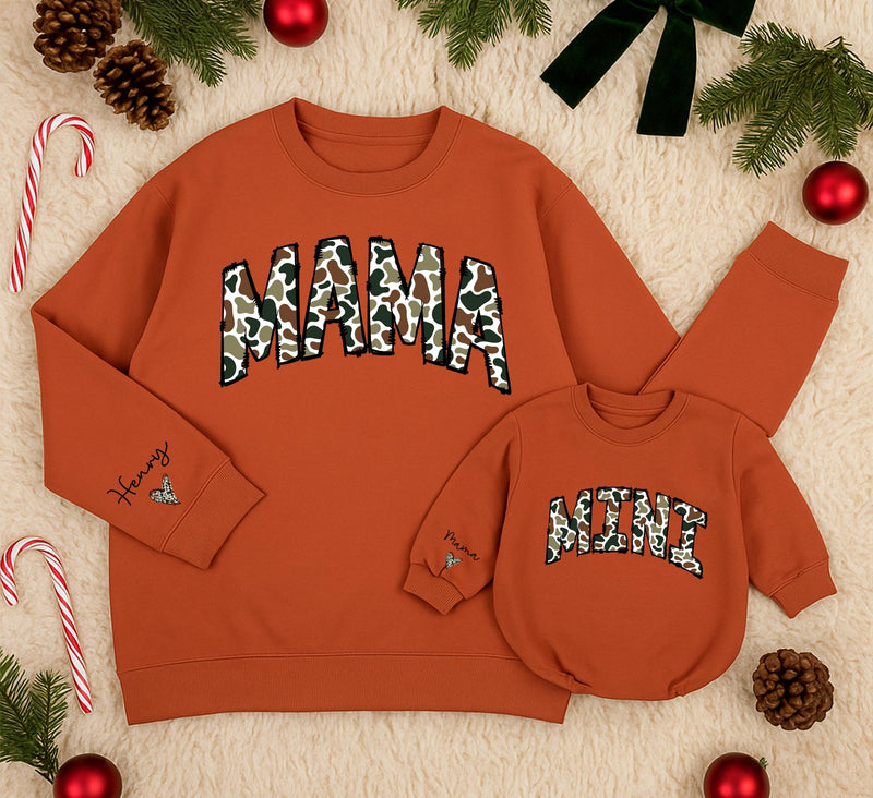 Personalized Camouflage Mama and Mini Matching Sweatshirts with Custom Names Varsity Font Baby Girl Romper Gifts for Mom and Daughter