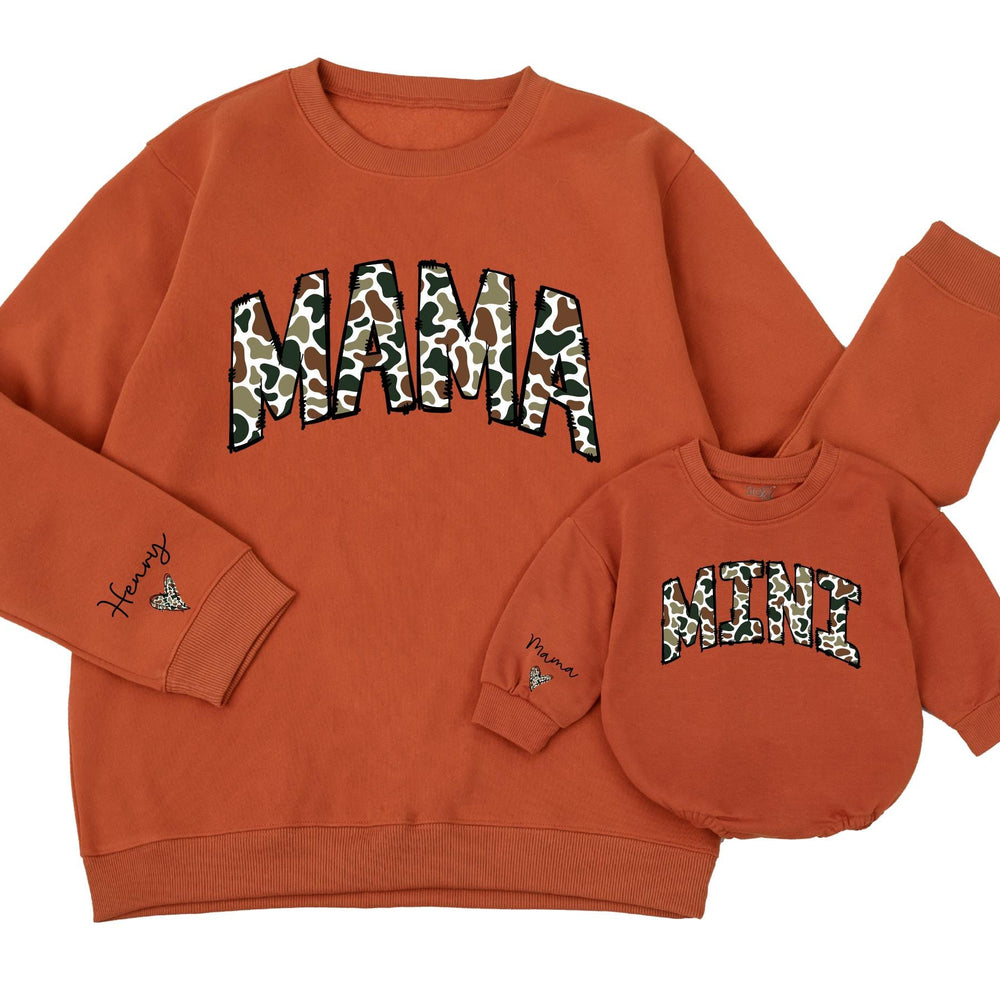 Personalized Camouflage Mama and Mini Matching Sweatshirts with Custom Names Varsity Font Baby Girl Romper Gifts for Mom and Daughter