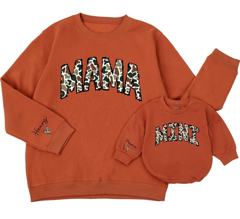 Personalized Camouflage Mama and Mini Matching Sweatshirts with Custom Names Varsity Font Baby Girl Romper Gifts for Mom and Daughter