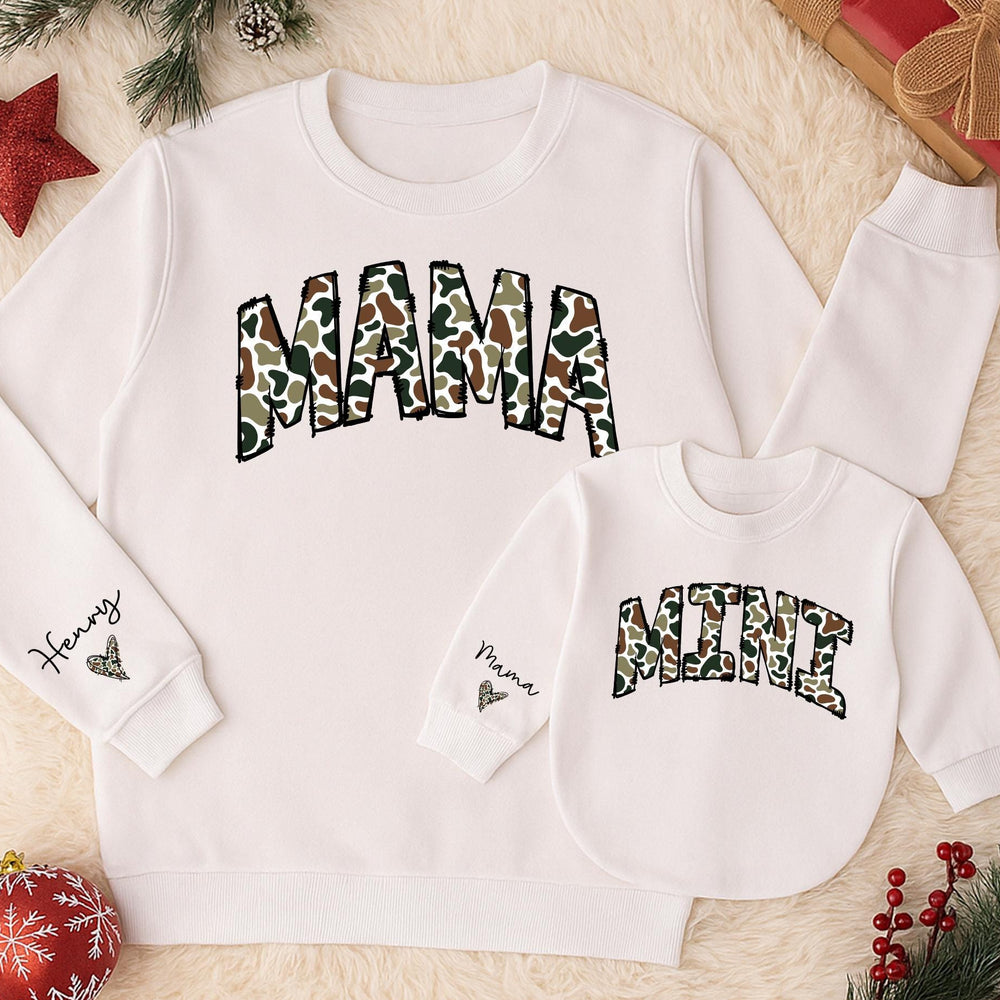 Personalized Camouflage Mama and Mini Matching Sweatshirts with Custom Names Varsity Font Baby Girl Romper Gifts for Mom and Daughter