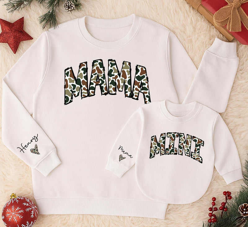 Personalized Camouflage Mama and Mini Matching Sweatshirts with Custom Names Varsity Font Baby Girl Romper Gifts for Mom and Daughter