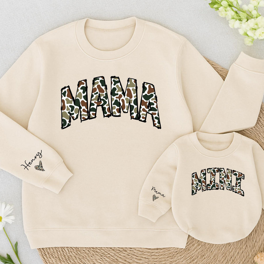Personalized Camouflage Mama and Mini Matching Sweatshirts with Custom Names Varsity Font Baby Girl Romper Gifts for Mom and Daughter
