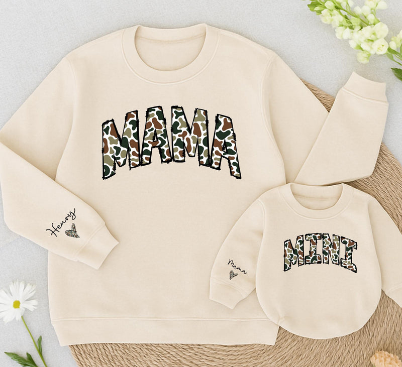 Personalized Camouflage Mama and Mini Matching Sweatshirts with Custom Names Varsity Font Baby Girl Romper Gifts for Mom and Daughter