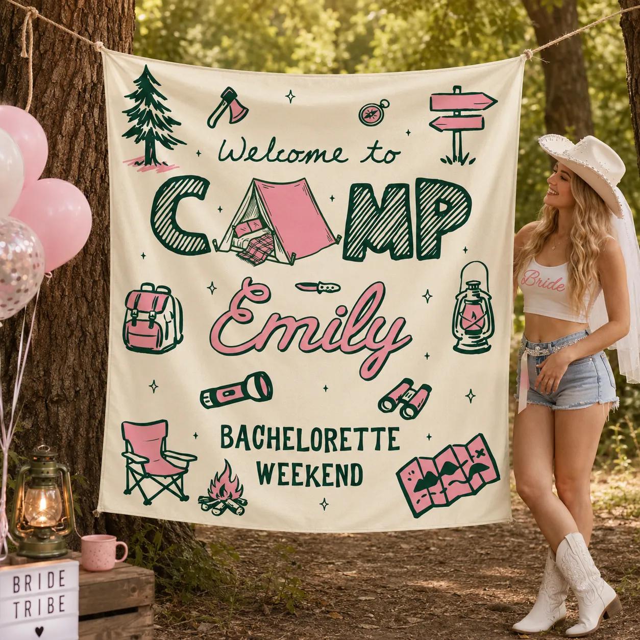 Personalized Camp Bachelorette Banner with Rustic Glamping Design for Bride Weekend Party Decor Pink and Green Outdoor Theme Backdrop