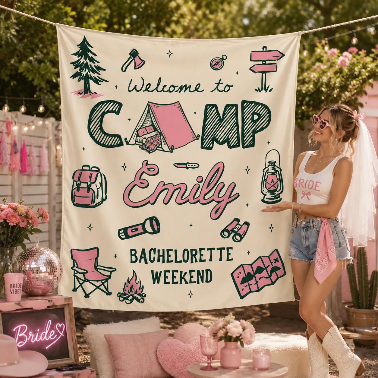Personalized Camp Bachelorette Banner with Rustic Glamping Design for Bride Weekend Party Decor Pink and Green Outdoor Theme Backdrop