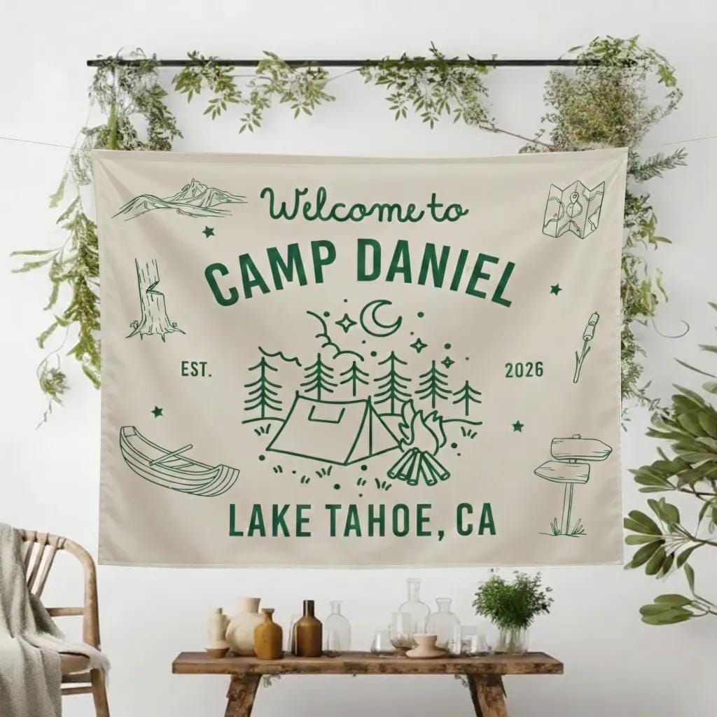 Personalized Camp Daniel Party Banner with Forest Green Nature Design Custom Adventure Birthday Backdrop for Boys Lake Tahoe Theme