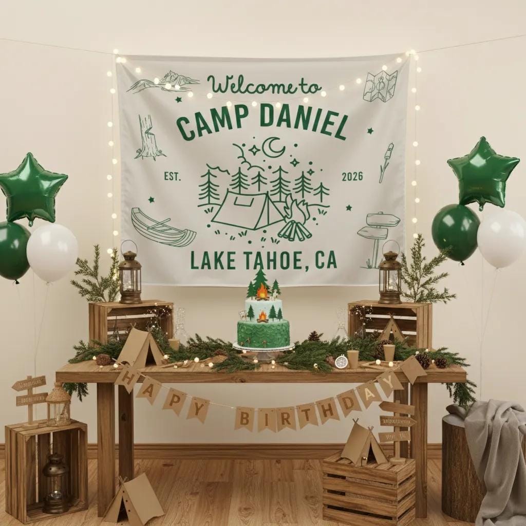 Personalized Camp Daniel Party Banner with Forest Green Nature Design Custom Adventure Birthday Backdrop for Boys Lake Tahoe Theme