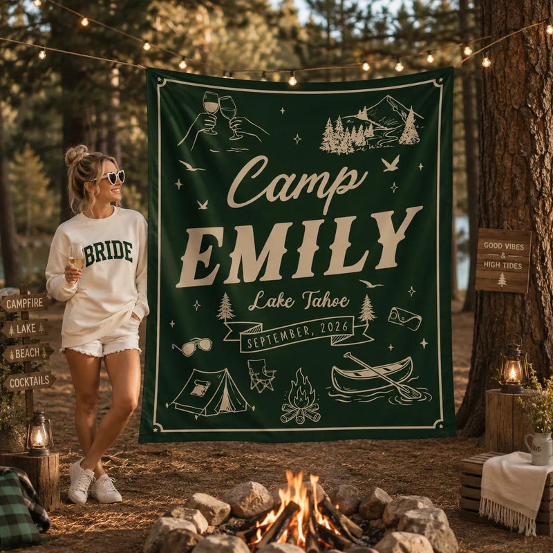 Personalized Camp Emily Green Bachelorette Party Banner Rustic Lake Tahoe Decor Custom Bride Name Sign with Vintage Outdoor Graphics