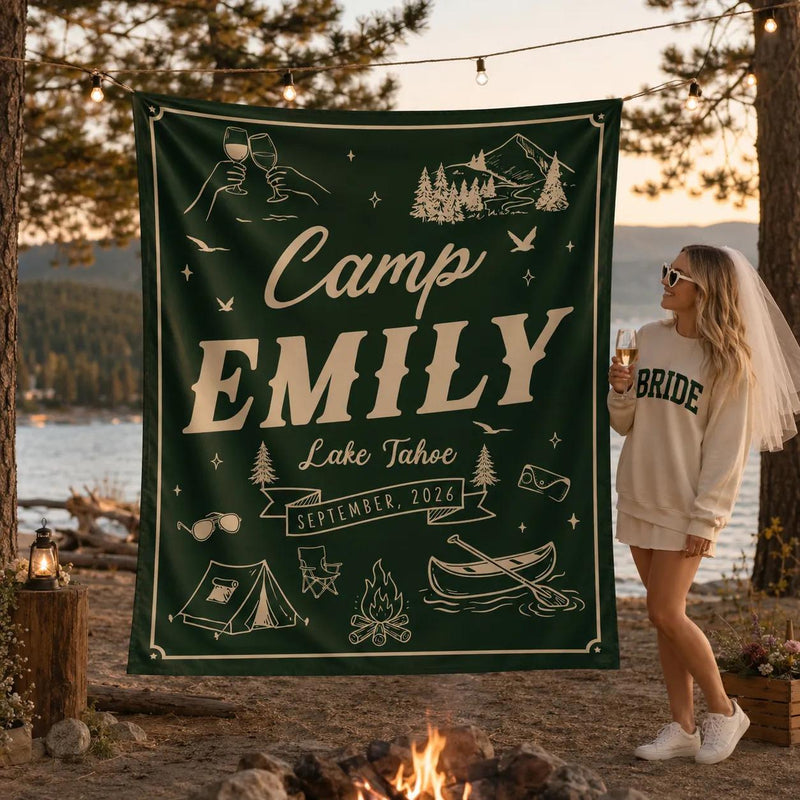 Personalized Camp Emily Green Bachelorette Party Banner Rustic Lake Tahoe Decor Custom Bride Name Sign with Vintage Outdoor Graphics