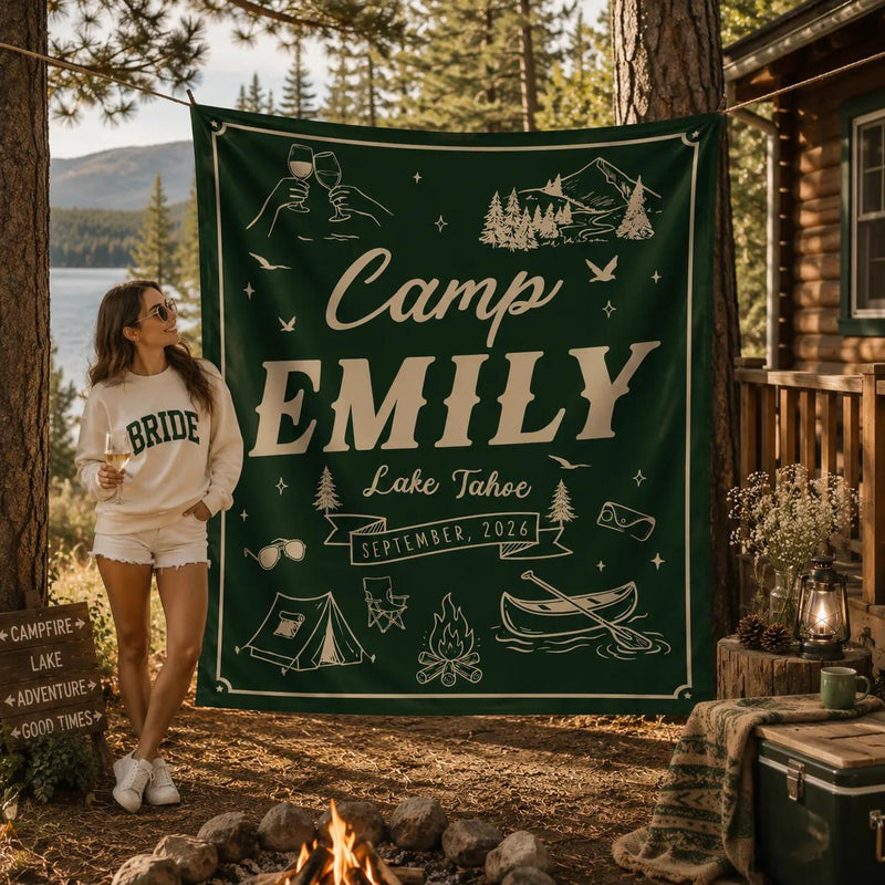 Personalized Camp Emily Green Bachelorette Party Banner Rustic Lake Tahoe Decor Custom Bride Name Sign with Vintage Outdoor Graphics