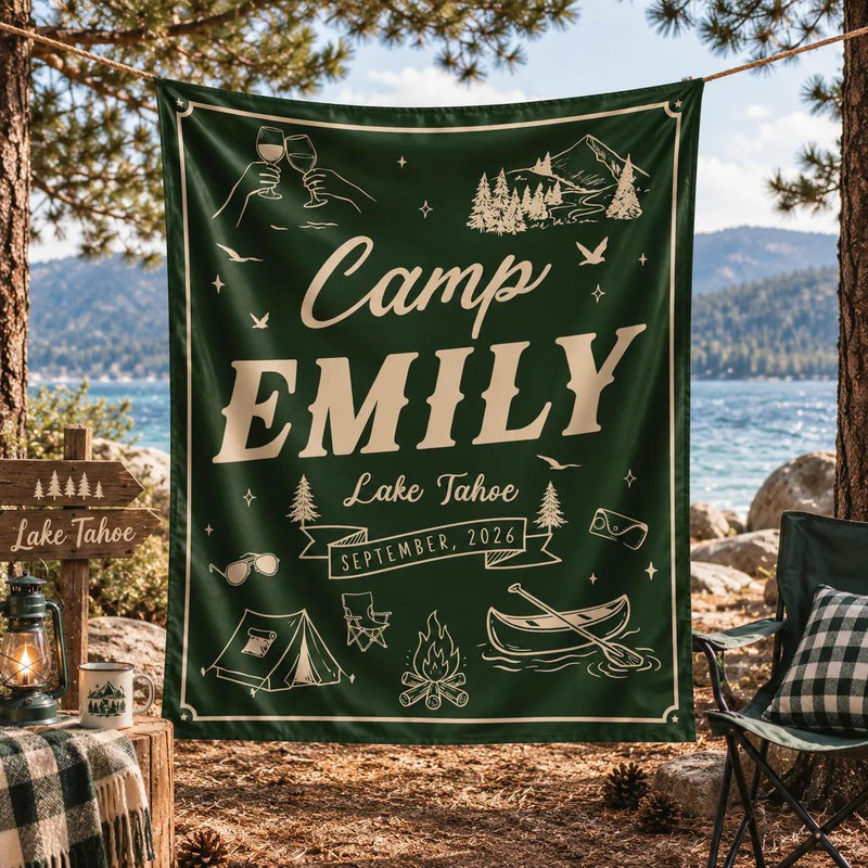 Personalized Camp Emily Green Bachelorette Party Banner Rustic Lake Tahoe Decor Custom Bride Name Sign with Vintage Outdoor Graphics