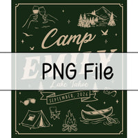 Personalized Camp Emily Green Bachelorette Party Banner Rustic Lake Tahoe Decor Custom Bride Name Sign with Vintage Outdoor Graphics
