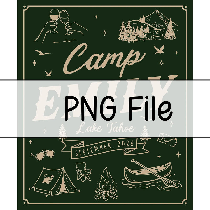 Personalized Camp Emily Green Bachelorette Party Banner Rustic Lake Tahoe Decor Custom Bride Name Sign with Vintage Outdoor Graphics