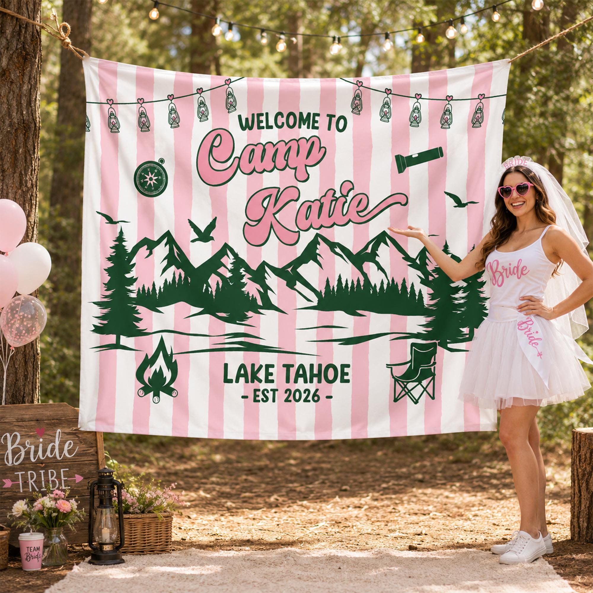 Personalized Camp Katie Party Banner with Pink Stripes Rustic Lanterns Design Custom Lake Tahoe Camping Bachelorette Decor 2026