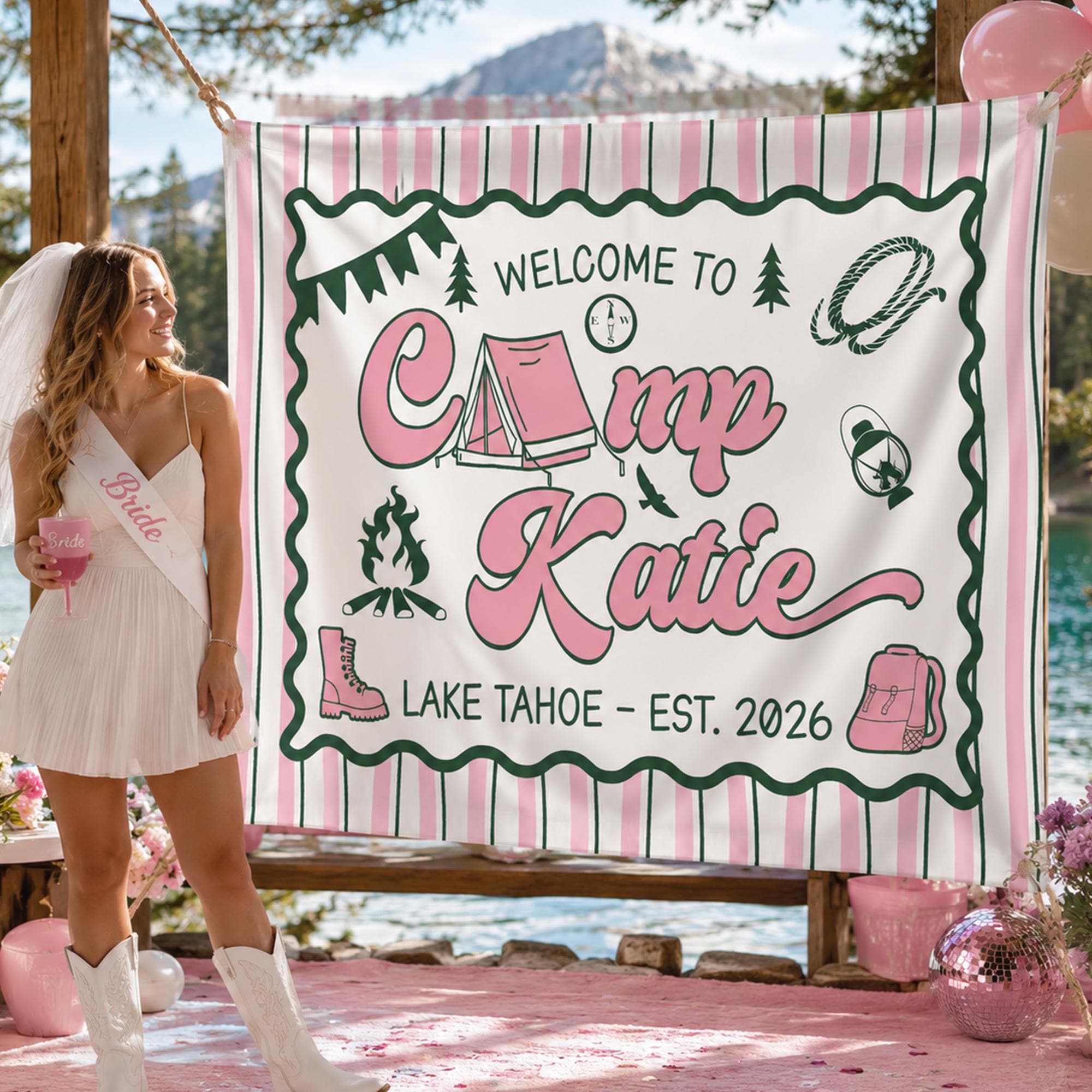 Personalized Camp Katie Silk Banner with Pink Stripes and Green Border Camping Bachelorette Party Decor for Lake Tahoe Celebration