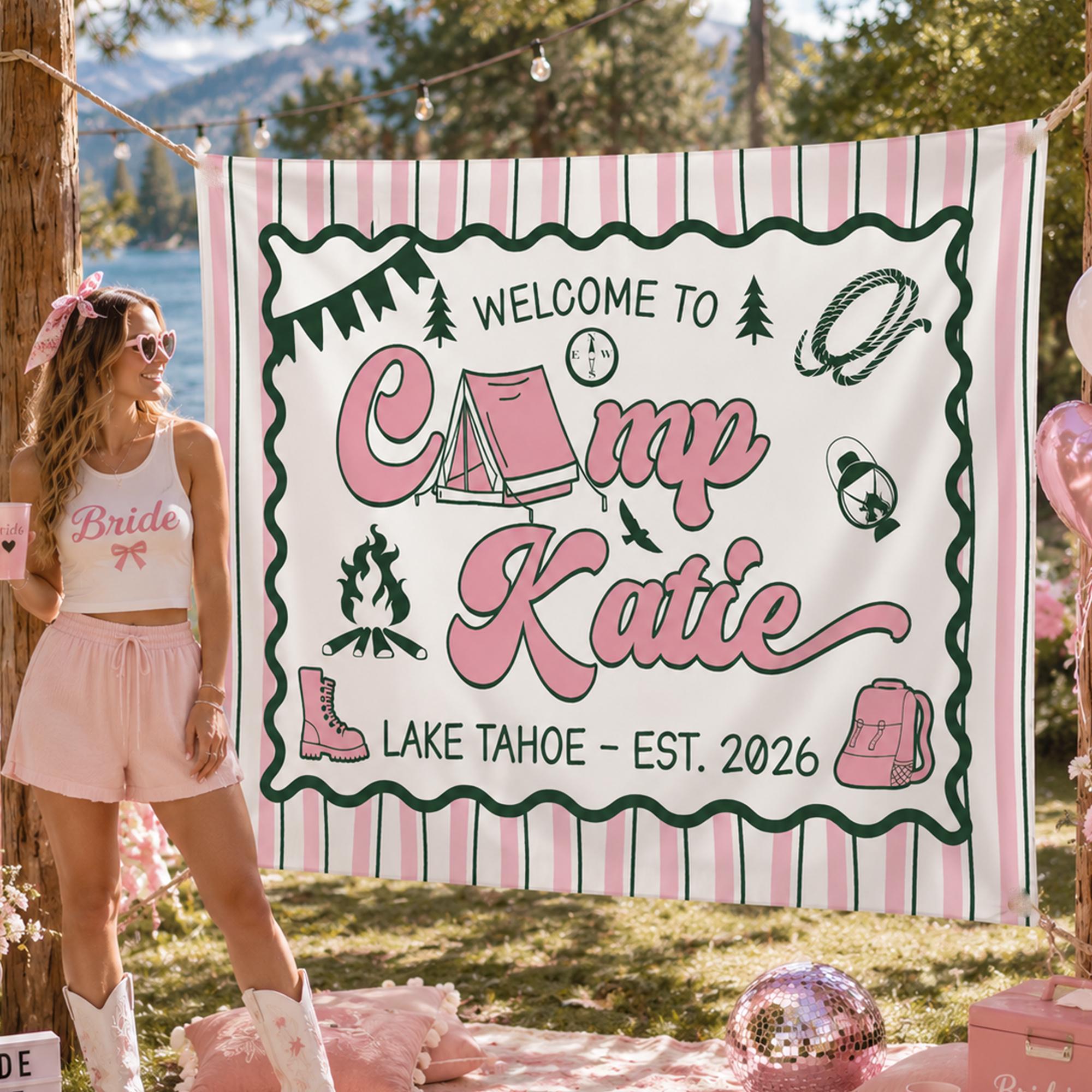 Personalized Camp Katie Silk Banner with Pink Stripes and Green Border Camping Bachelorette Party Decor for Lake Tahoe Celebration