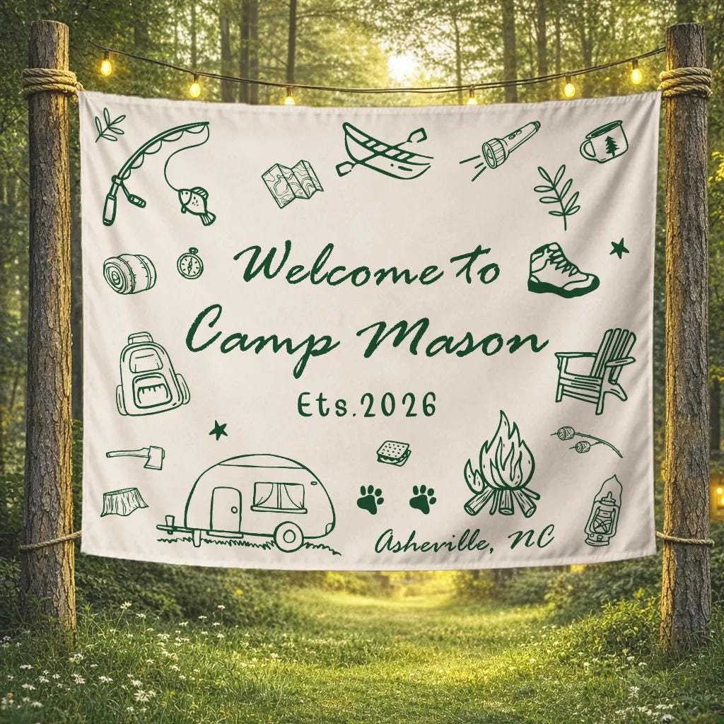 Personalized Camping Birthday Banner with Rustic Outdoor Adventure Theme Custom Party Backdrop Featuring Canoe, Campfire, Camper Design