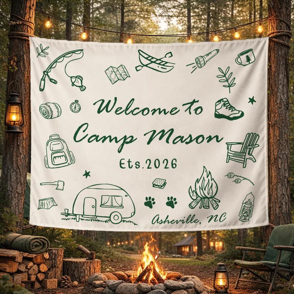 Personalized Camping Birthday Banner with Rustic Outdoor Adventure Theme Custom Party Backdrop Featuring Canoe, Campfire, Camper Design