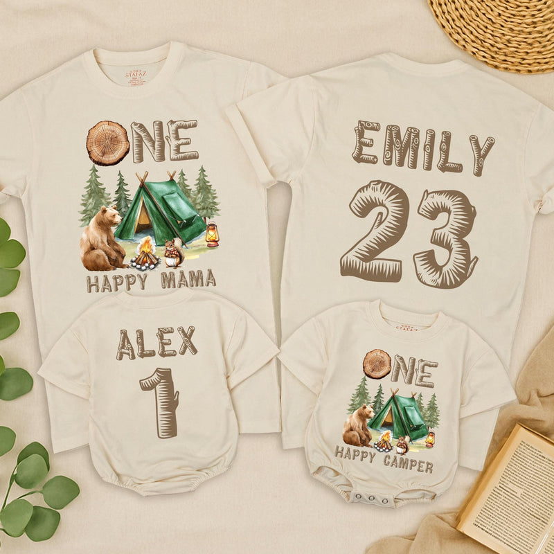 Personalized Camping First Birthday Shirt with Cute Bear and Tent Design for Baby Boy Family Matching Outfit Rustic Happy Camper Tee