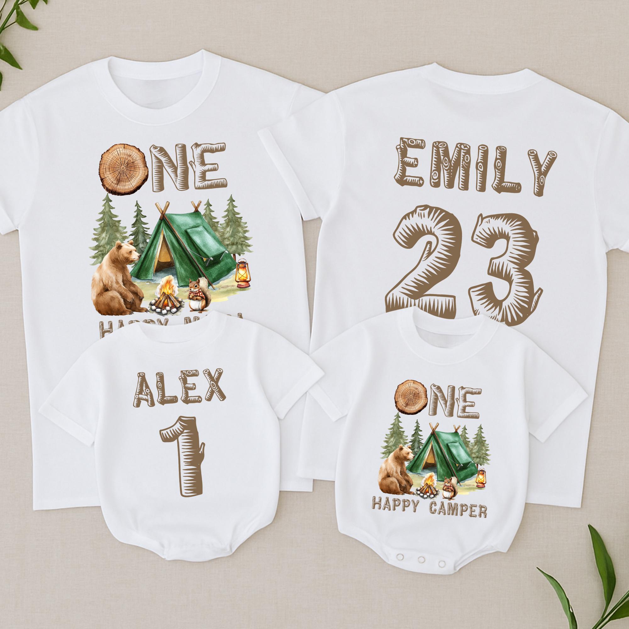 Personalized Camping First Birthday Shirt with Cute Bear and Tent Design for Baby Boy Family Matching Outfit Rustic Happy Camper Tee
