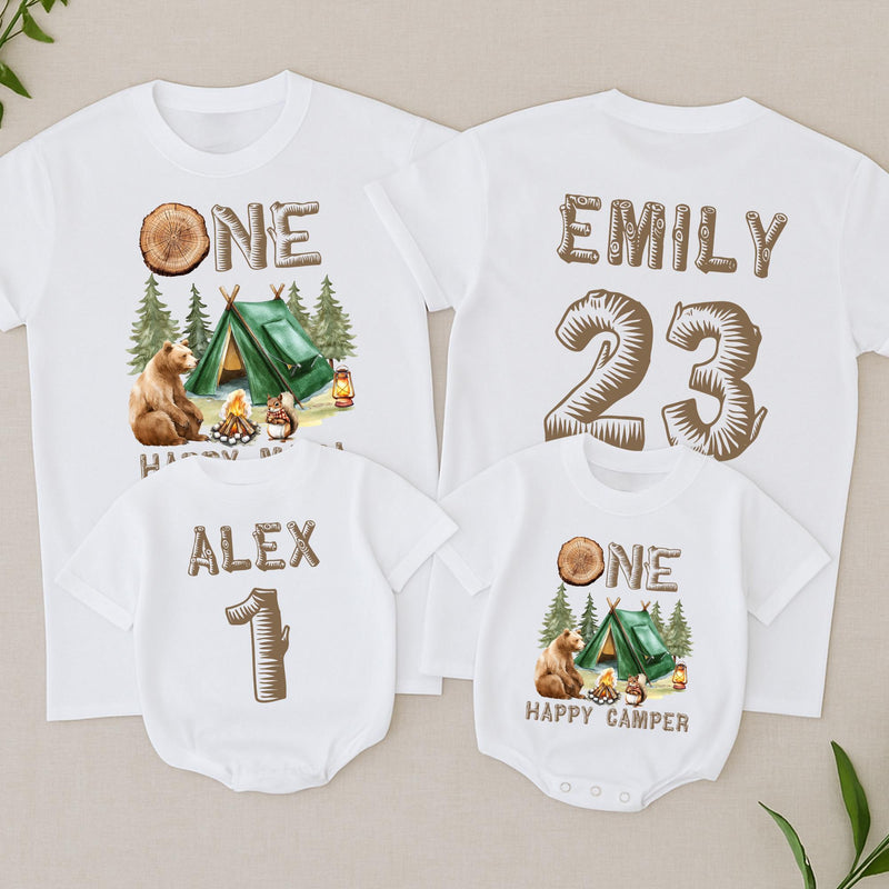 Personalized Camping First Birthday Shirt with Cute Bear and Tent Design for Baby Boy Family Matching Outfit Rustic Happy Camper Tee