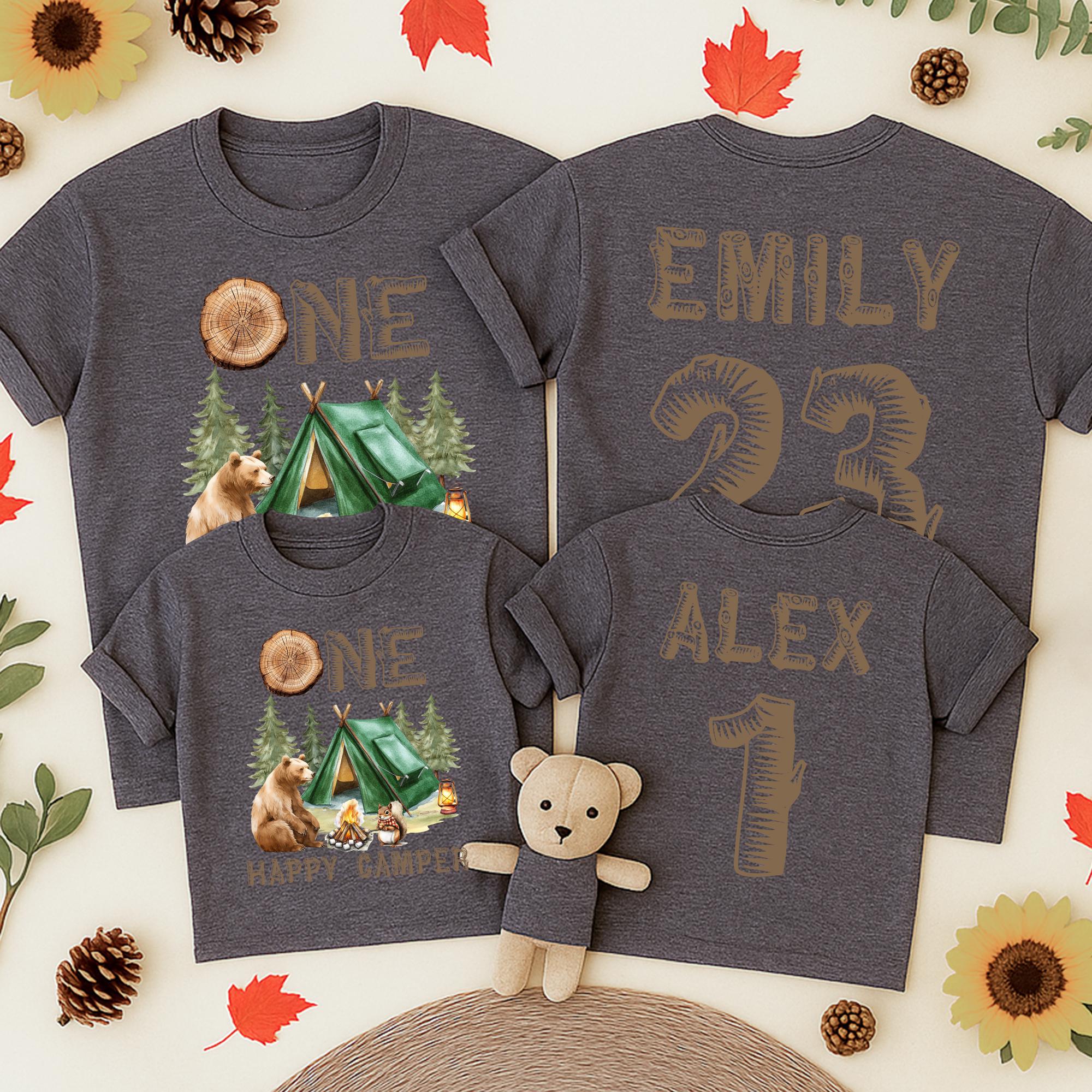 Personalized Camping First Birthday Shirt with Cute Bear and Tent Design for Baby Boy Family Matching Outfit Rustic Happy Camper Tee