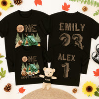 Personalized Camping First Birthday Shirt with Cute Bear and Tent Design for Baby Boy Family Matching Outfit Rustic Happy Camper Tee