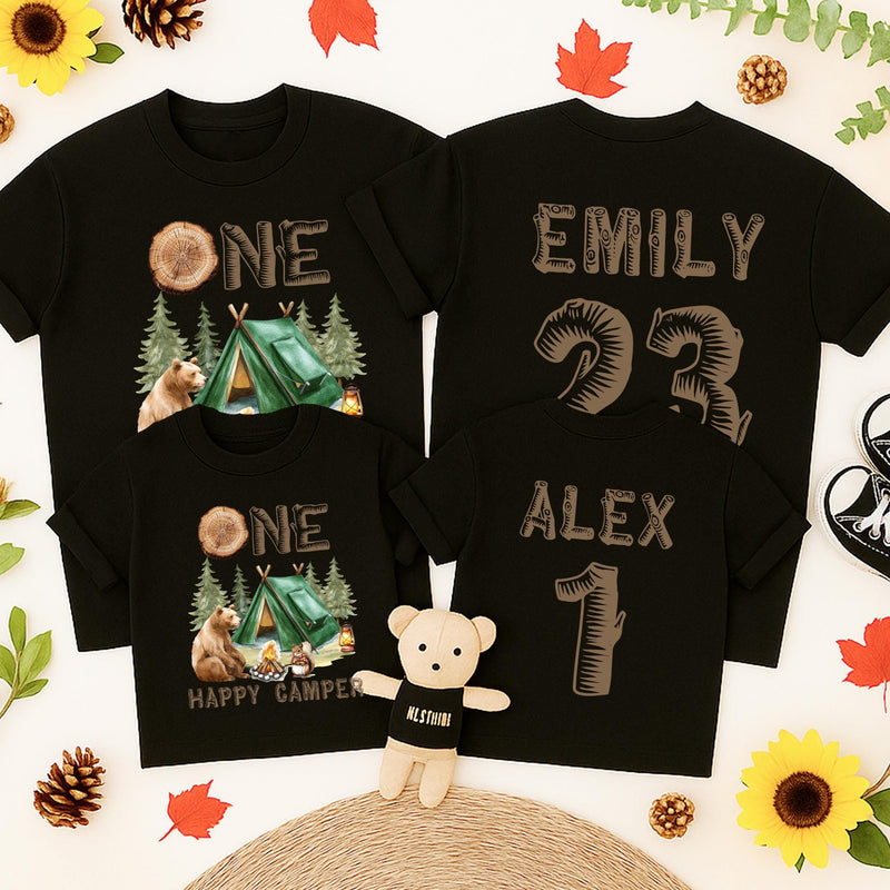 Personalized Camping First Birthday Shirt with Cute Bear and Tent Design for Baby Boy Family Matching Outfit Rustic Happy Camper Tee