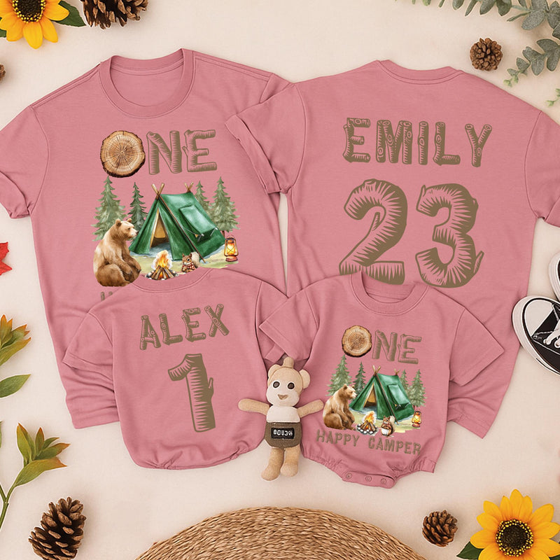 Personalized Camping First Birthday Shirt with Cute Bear and Tent Design for Baby Boy Family Matching Outfit Rustic Happy Camper Tee