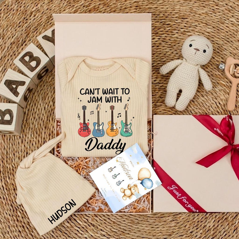 Personalized Can’t Wait to Jam with Daddy Baby Bodysuit with Colorful Guitars, Music Lover Gift, Cute Newborn Outfit for Boys or Girls