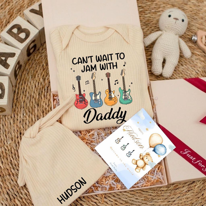 Personalized Can’t Wait to Jam with Daddy Baby Bodysuit with Colorful Guitars, Music Lover Gift, Cute Newborn Outfit for Boys or Girls
